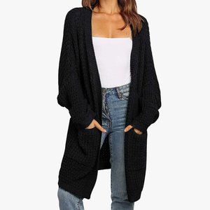 EUC Womens Longline Batwing Sleeve Open Front Chunky Cable Knit Cardigan Size XL